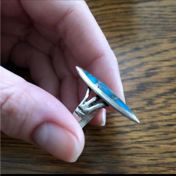 Blue Turquoise Inlay and Silver Ring Zuni Inlay Unisex Style 8.5 - Picture 3 of 9